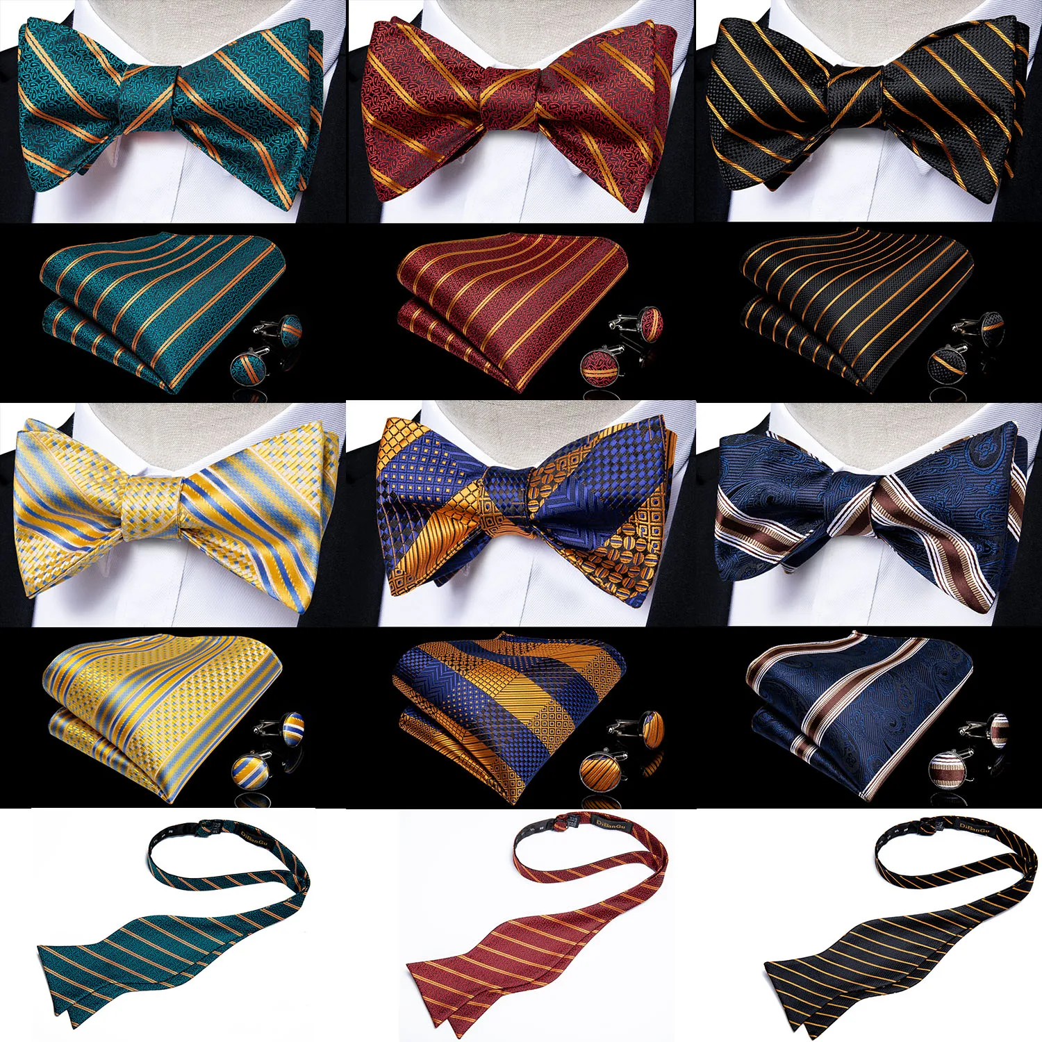 Formal Dress Tuxedo Bow Tie Handkerchief Men's Self Tie Bow Tie Set Silk Striped Party Groom Wedding Butterfly Bowtie DiBanGu plus self tie bow top