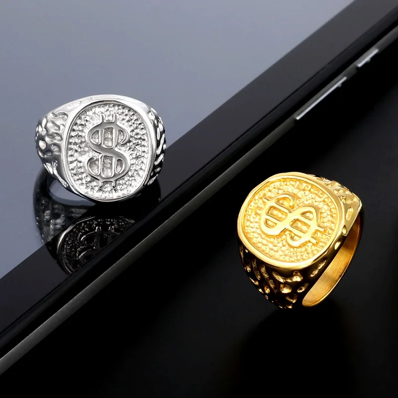 

Punk Luxury Brand Gold Color US Dollar Sign Men's Rings Classic Vintage Square Rings For Men Engagement Ring Jewelry