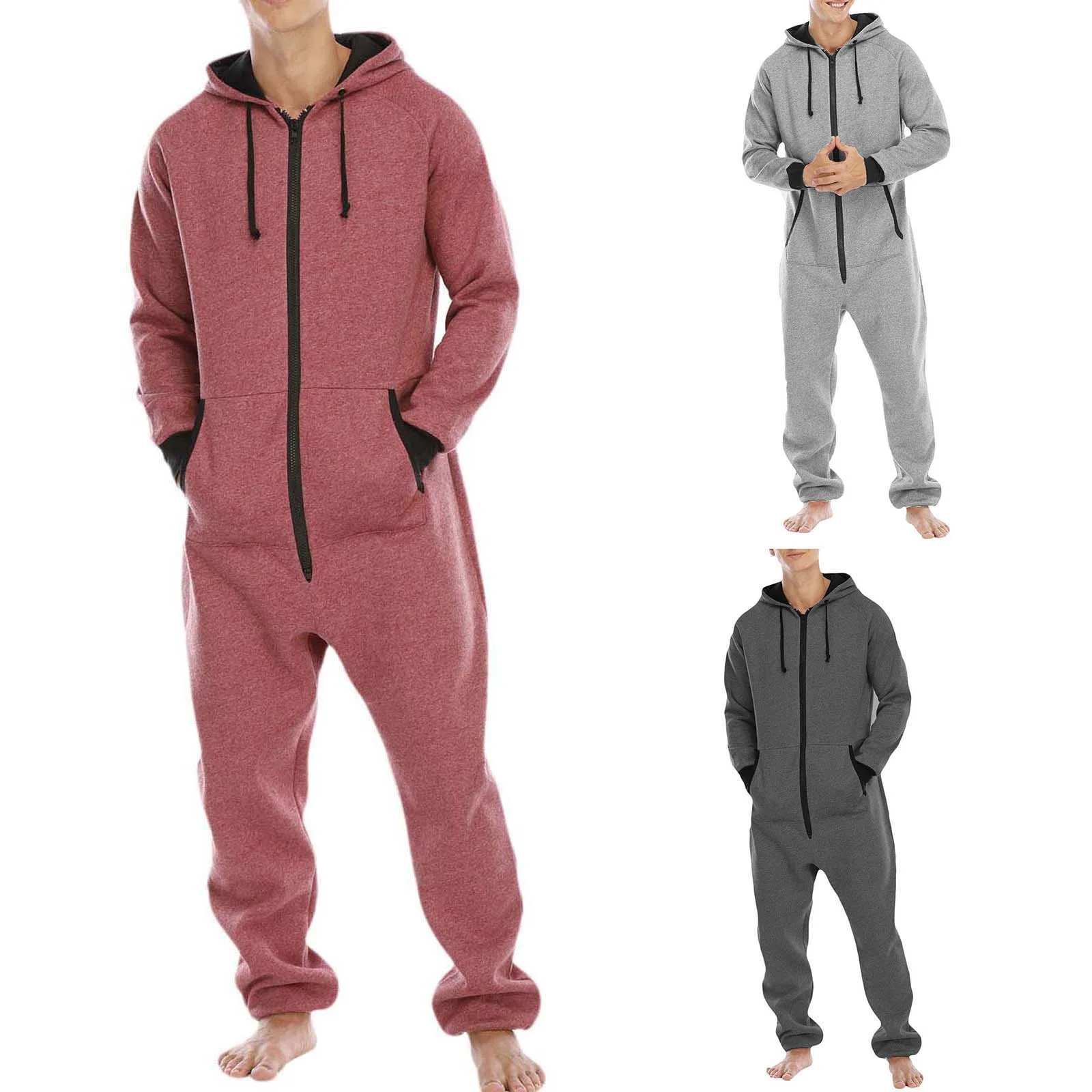 

Men Clothing Fall Sleeping Jumpsuit Solid Color Hooded Long Sleeves Zip-Up Romper with Pocket for Home Loungewear 3 Colors