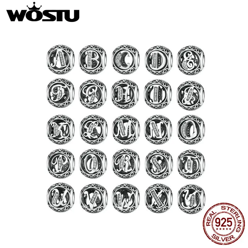 1 шт. A-Z с буквами WOSTU из натуральной 925 пробы, серебряные ажурные готические винтажные прозрачные CZ бусы с алфавитом, подвески, подходят к оригинальному браслету
