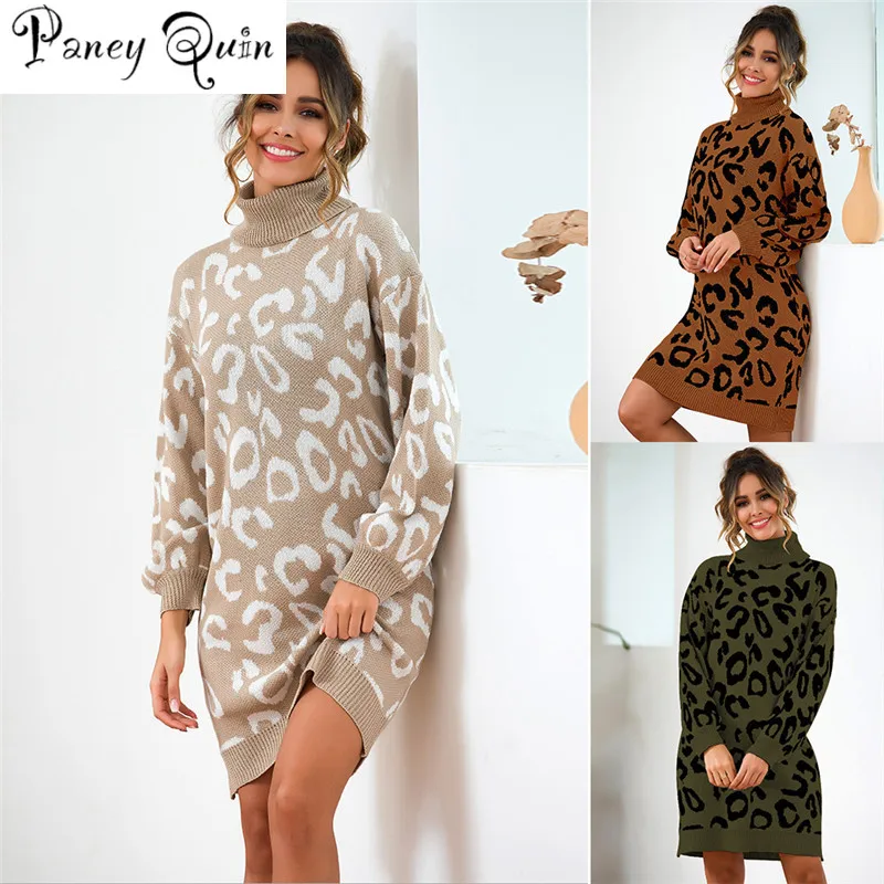 

Winter High Collar Long-sleeved Knit dress Sweater Women Turtleneck Long Sleeved Mini Dress loose Leopard Knitted dess