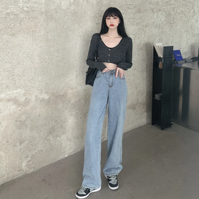 

Pants Women's Autumn New Korean Style High Waist Jeans Loose Mop Daddy Pants Slimming and Straight Wide Leg Pants Trousers
