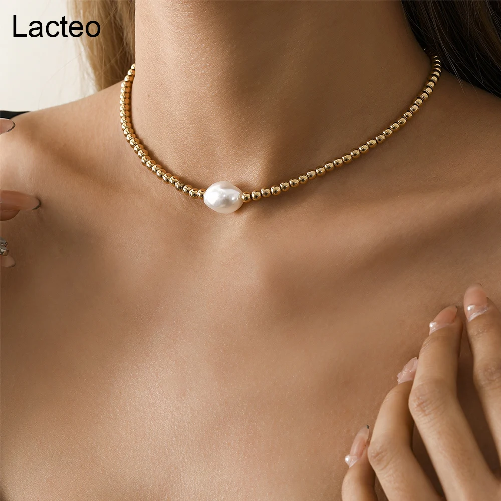 

Lacteo 2021 Fashion Trendy Imitation Pearls Clavicle Chain Choker Necklace Steampunk CCB Beads Charm Necklace Jewelry For Women