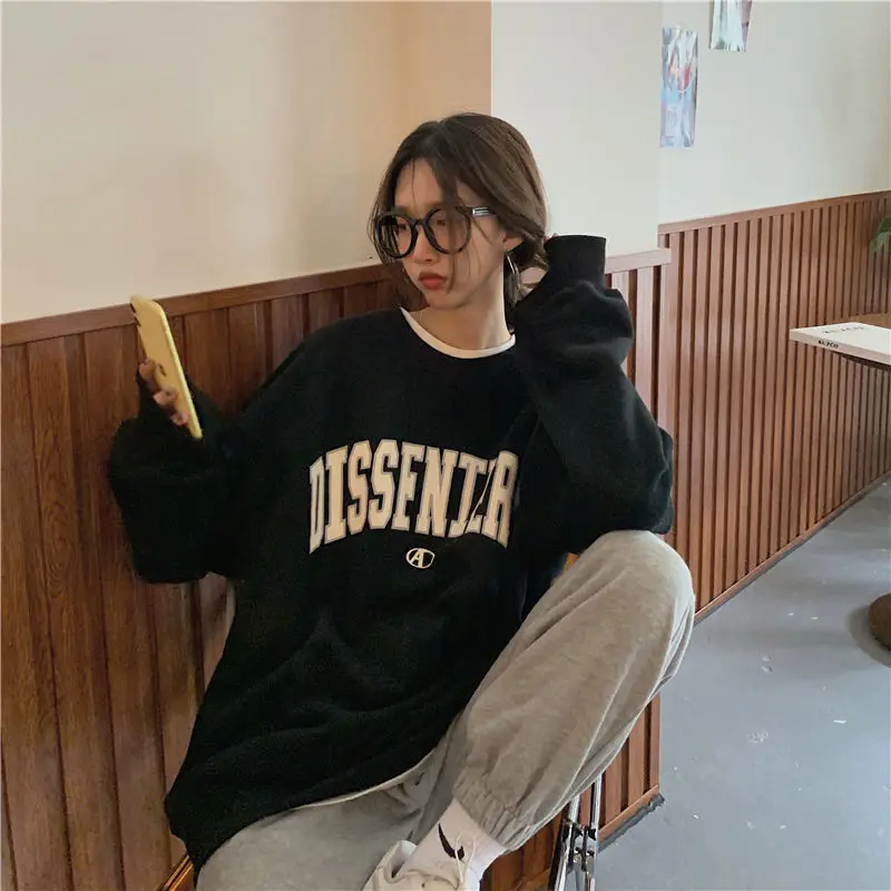 

Letter Printed O-neck Sweatshirts Women Oversized Basic Tops All-match Chic BF Unisex High Street Fashion Baggy Sweatshirt Fall