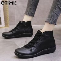 2020 new womens casual flat leather retro lace up boots side zipper round toe shoe leather ankle boots lahxz 11