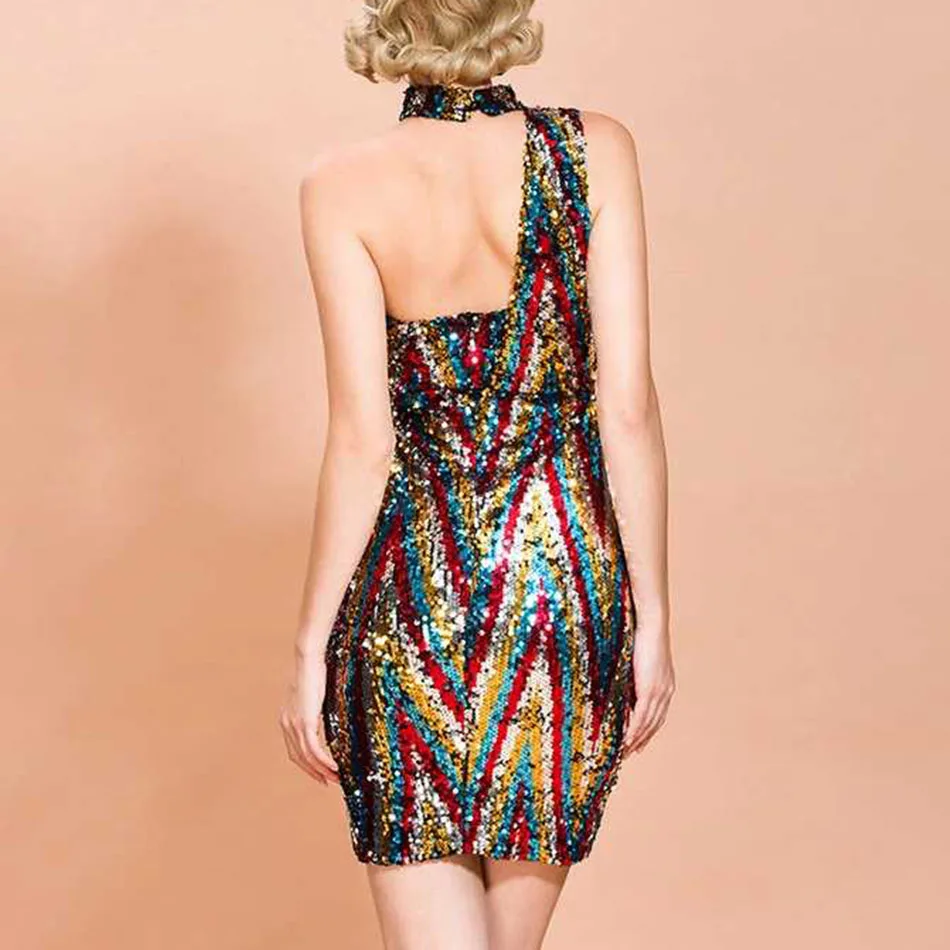 

Ailigou 2021 Summer Women's Sleeveless Single Shoulder Strapless Color Striped Sequin Dress Feminine Backless Bodycon Mini Dress