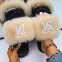 fluffy slippers flat faux fur sandals rhinestone pearl letter m decor flip flops designer slides women outdoor casual shoes 2021