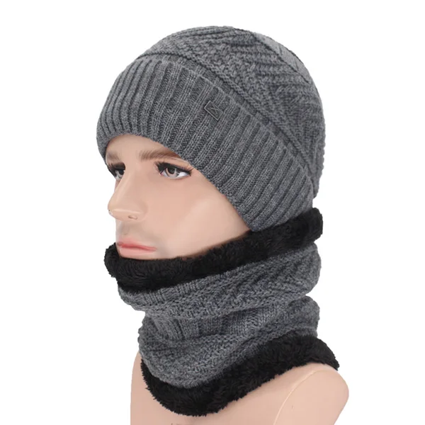 gray set Бренд Skullies Beanies мужские зимние шапки для мужчин шарф вязаная шапка Кепка, зимняя шапка Beany мужская Homme X Gorro береты-кепки - Цвет: gray set