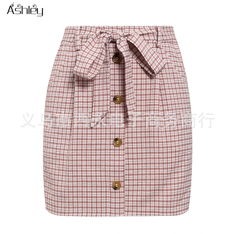 

Ashley Bow tie plaid women short skirt summer Streetwear office ladies skirt Elegant button casual female summer skirt