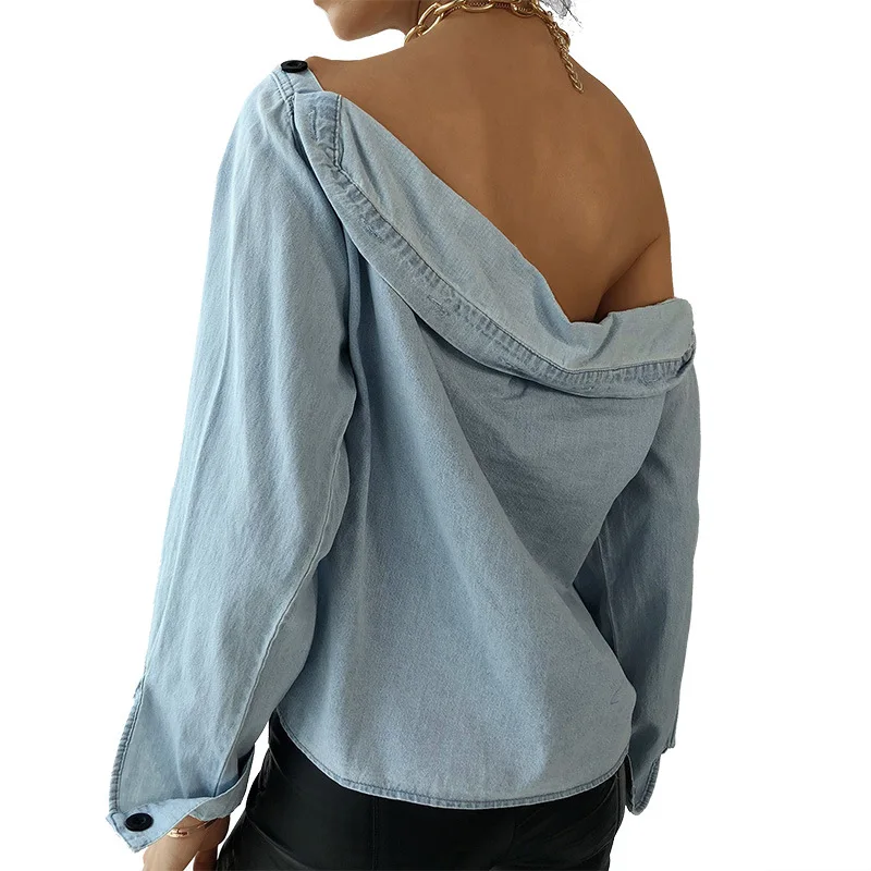 

Women's 2021 spring and summer new button-neck off-shoulder long-sleeved denim shirt blouse women