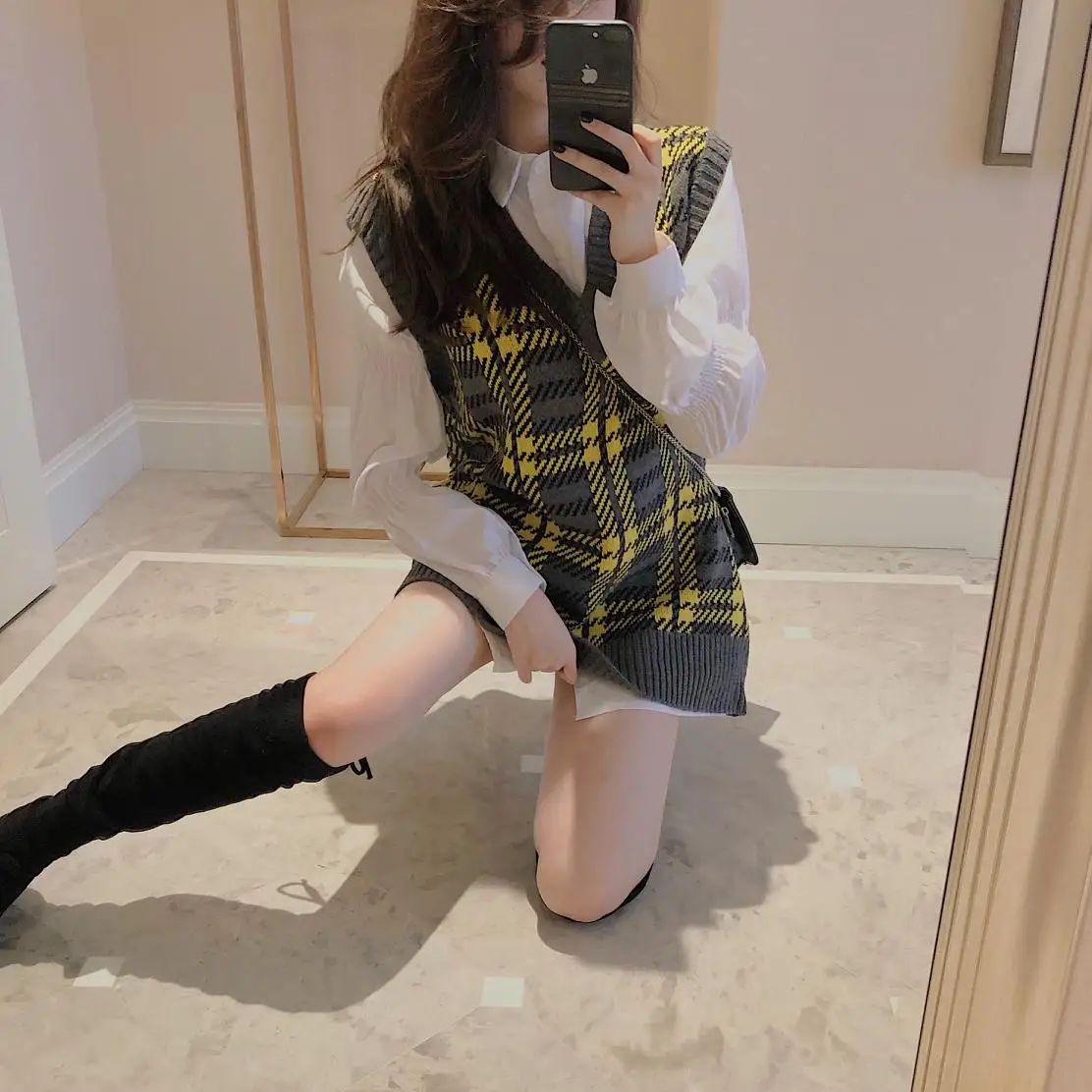 Костюм вязаный жилет с v образным вырезом для девочек 2020 г. Осенний Свободный в