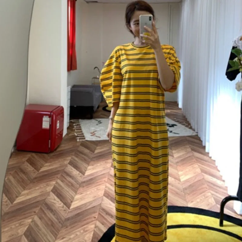 

Women Short Sleeve Dress Striped Straight Slim Loose Wide Waist Retro Side-Slit Daily Casual Korean Fashion Office Lady Dresses