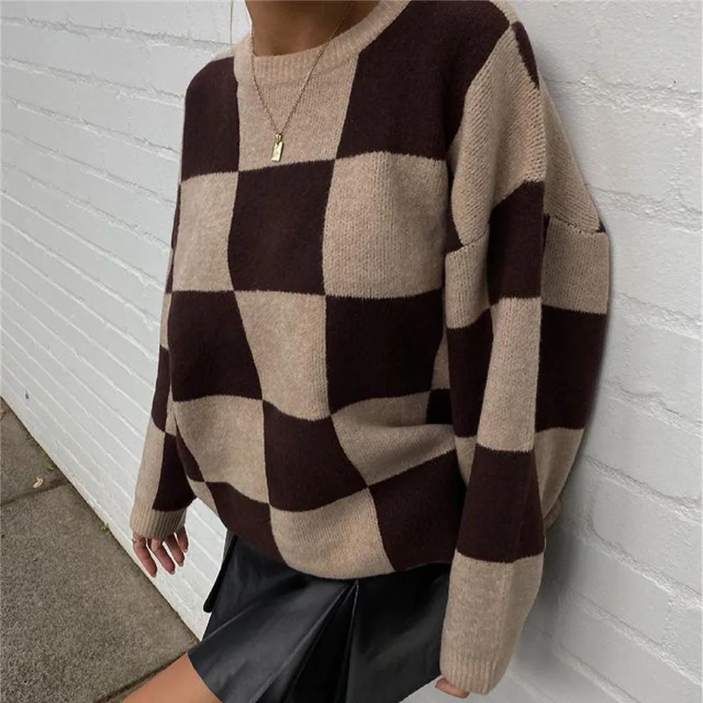 

Foridol Plaid Pull Oversize Women Autumn Winter Checked Sweater Jumper Vintage Basic Casual Pullovers Femme Khaki Sweater Top