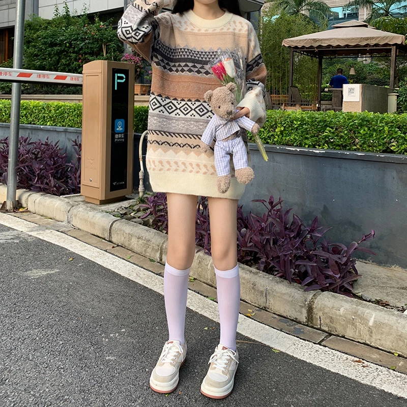 

Japanese Vintage Lazy Style Winter Women Sweater O-Neck Sweet Argyle Jacquard Knitting Pullovers Full Sleeve Keep Warm Sweaters