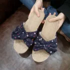 Женские льняные тапочки с бантом, женские летние повседневные шлепанцы, удобные льняные сланцы с цветочным бантом, сандалии 2021 # G