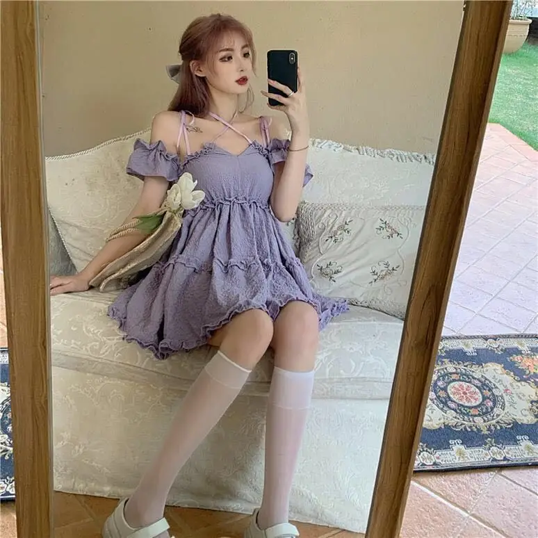 

2020 new design sense niche word shoulder wood ear strap dress female summer slim waist small temperament short skirt