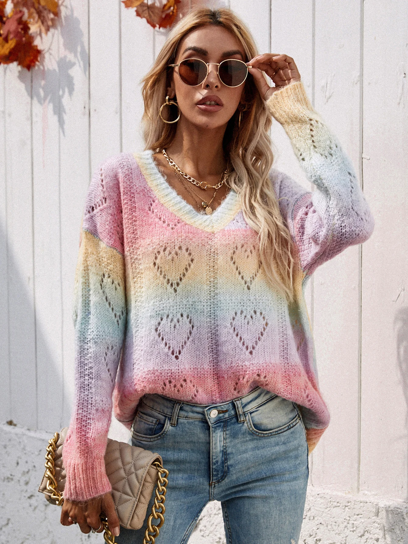 

Sweet Casual Love Heart Hollow Out Knitted Sweaters Autumn Long Sleeve V-Neck Tops Loose Outerwear Women's Sweater