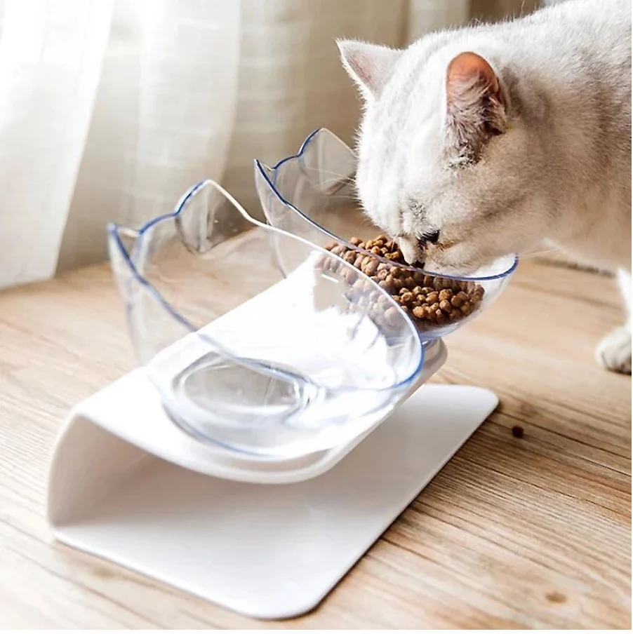 

Pet Non Slip Double Cat Bowl with Raised Stand Pet Food Cat Feeder Protect Cervical Vertebra Dog Bowl Transparent Pets Products