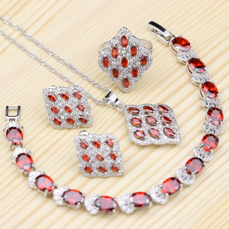 

925 Sterling Silver Bridal Jewelry Sets White Crystal Red Cubic Zirconia Ring/Bracelet/Necklace/Pendant/Earrings For Women