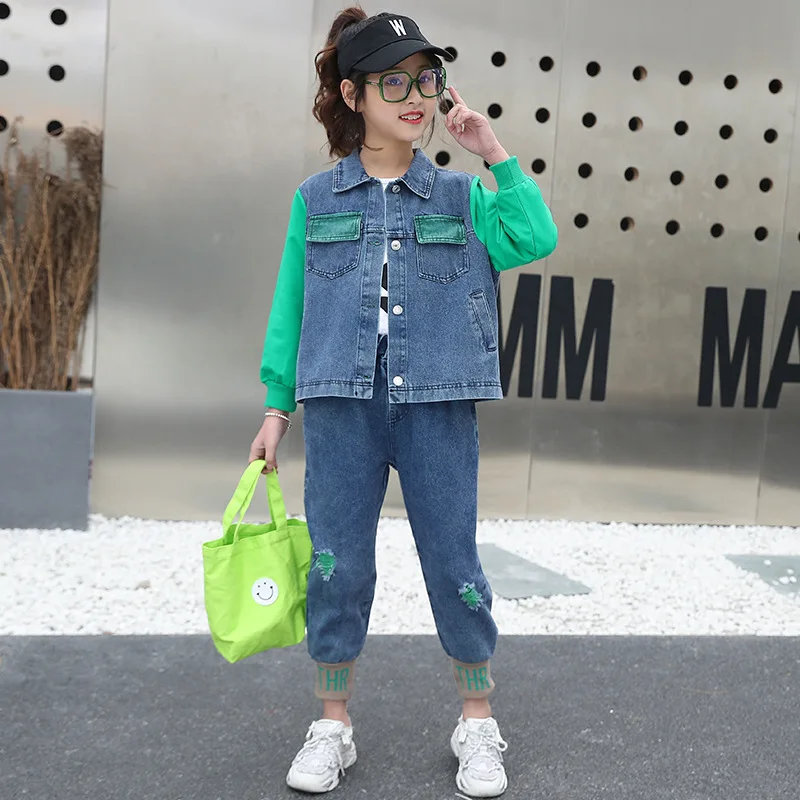

Girls' autumn clothes super foreign style denim suit 2020 new spring and autumn children's sports two piece girls' children's