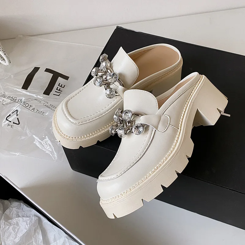 

Female Shoes Rivet Womens Slippers Outdoor Platform Slides Low Square heel Cover Toe 2021 Block Metal Decoration PU Fabric Rome