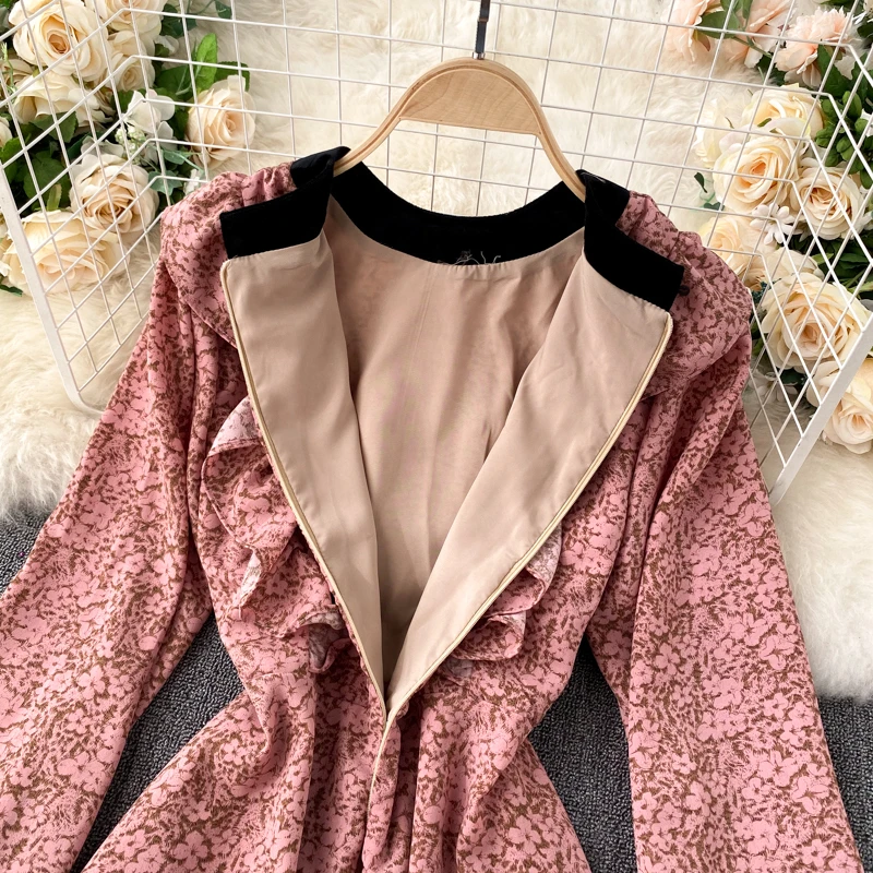 

Foamlina 2020 Autumn Winter Long Sleeve Vintage Dress Women Floral Print Party Dress Patchwork O-neck Ruffles Elegant Dress Robe