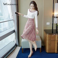 plaid a line skirt and striped o neck knitted tops 2 piece set women korean sashes slim fashion long sleeve spring autumn suit