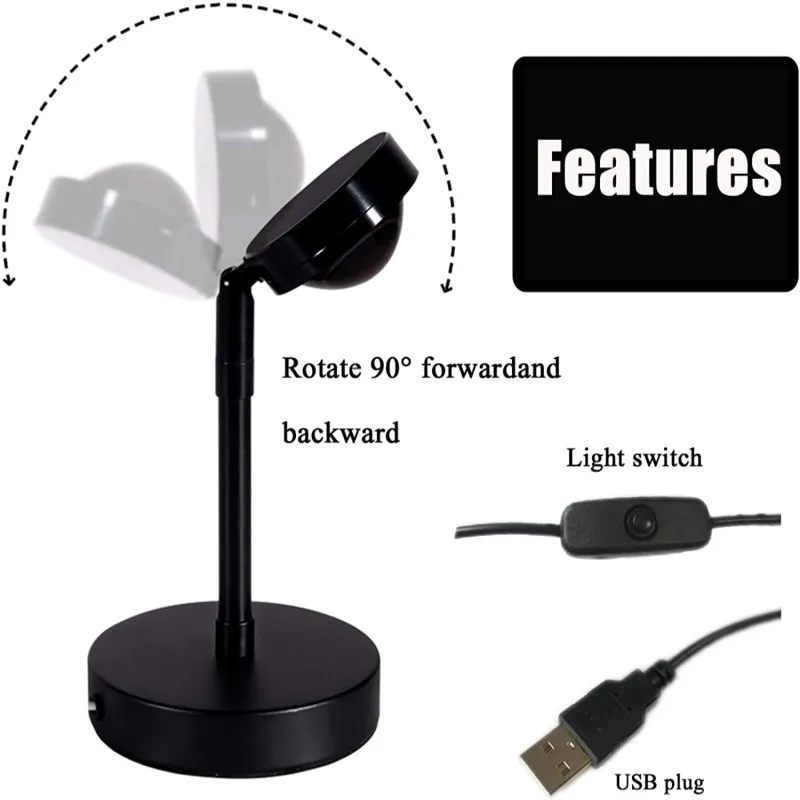 

USB Rainbow Sunset Red Projector Led Night Light Sun Projection Desk Lamp for Bedroom Bar Coffee Store Wall Decoration Lighting