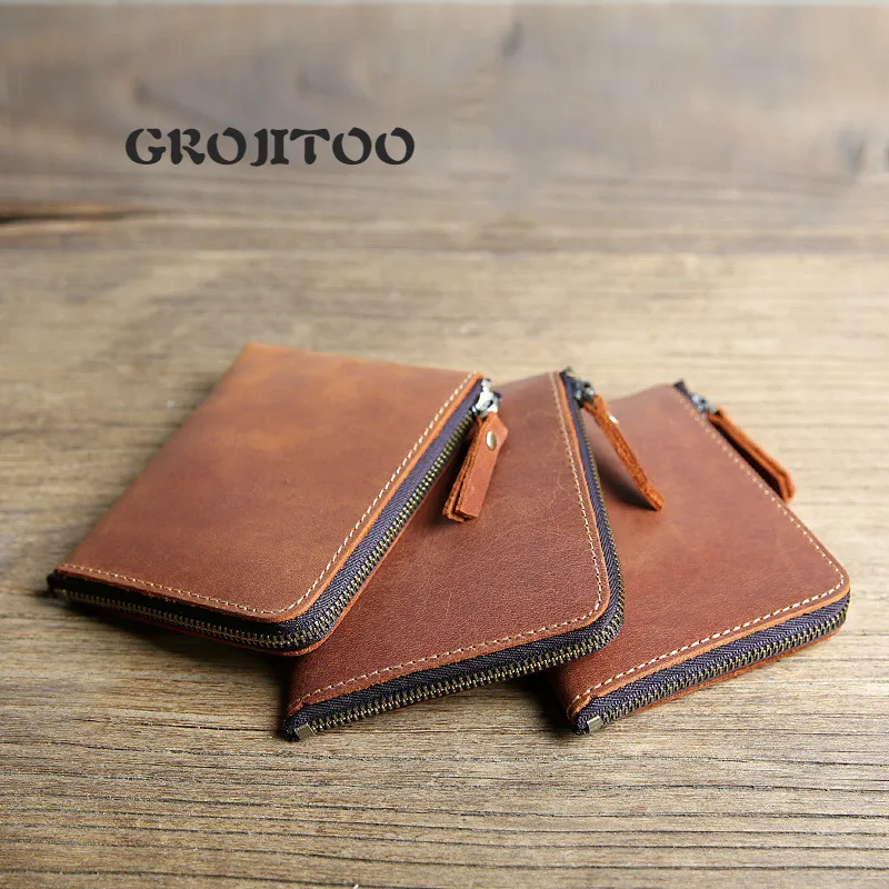 

Короткий кошелек GROJITOO ручной работы для мужчин и женщин, бумажник из кожи Крейзи Хорс на молнии, зажим для денег, кошелек из воловьей кожи с верхним слоем