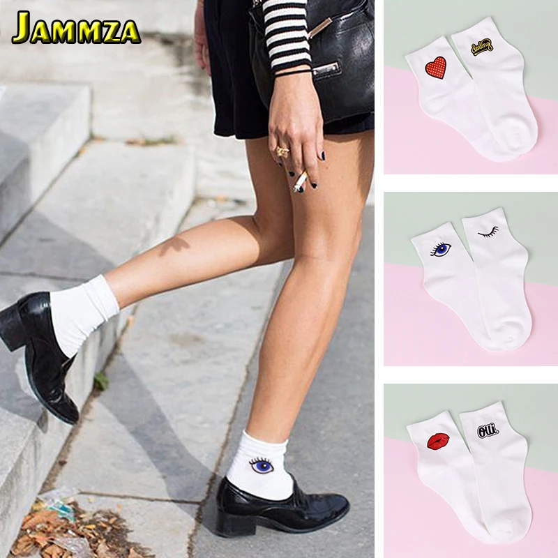 

Cartoon Eyes Europe Street Art Socks Woman Fashion Heart Lips Ladies’s White Socks Casual Vintage Asymmetry Socks Funny
