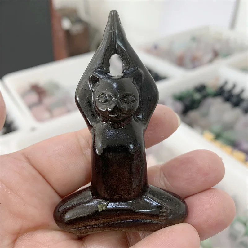 

Natural Golden Obsidian Stone Carved Yoga Cat Figurine Carving Chakra Healing Quartz Reiki Wicca Withcraft