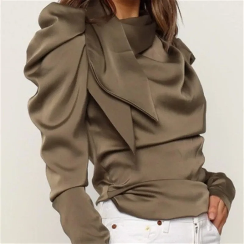 Топ женский атласный с бантом на шее Модная элегантная рубашка длинным рукавом