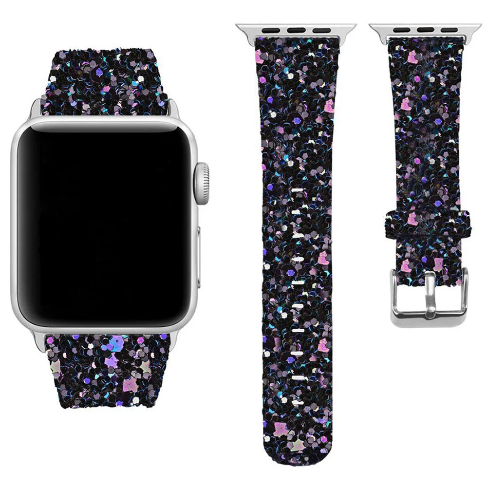 

Compatible For Apple Watch Band 6SE 5/4/3 38/40/42/44mm Shiny Leather Glitter Bands for Iwatch Wrist Bracelet Bright Shine Strap