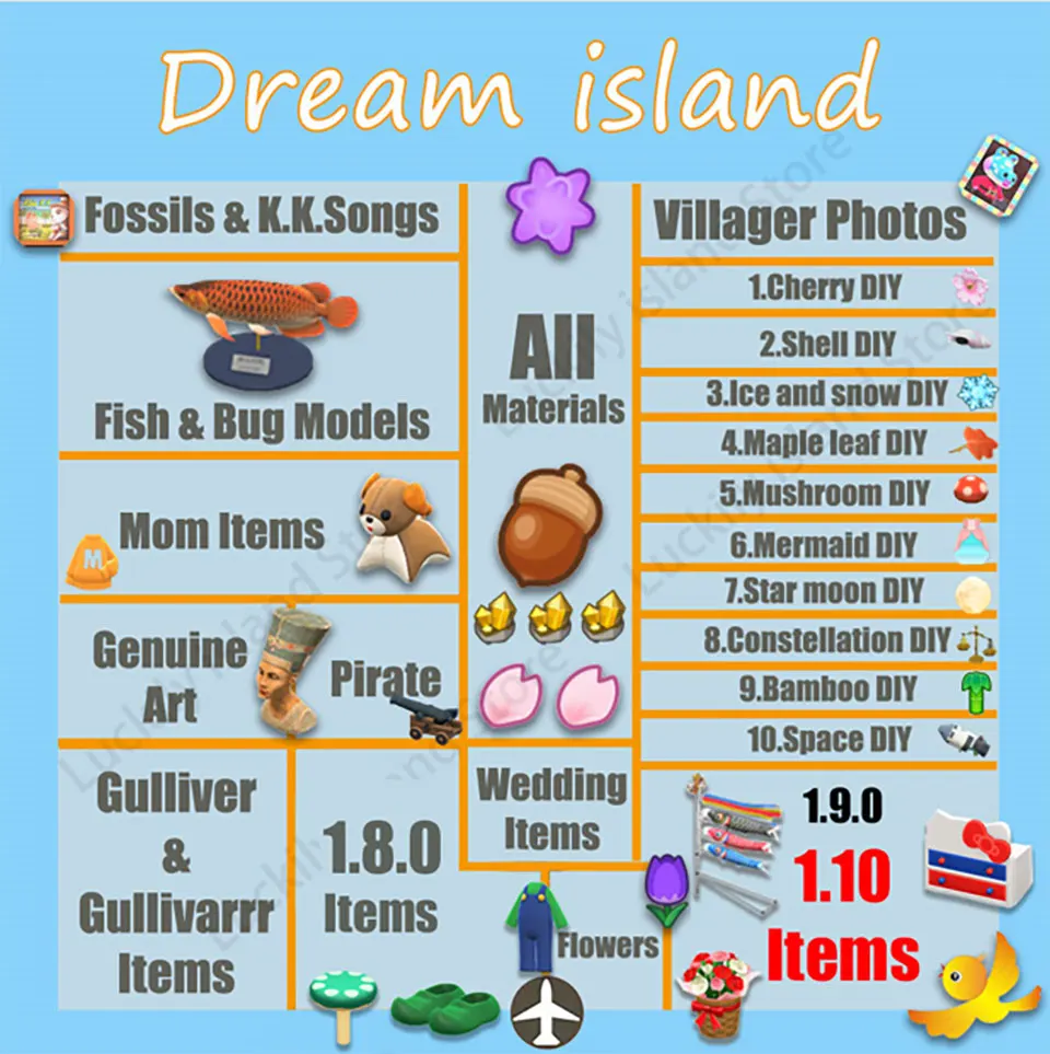 

Dream Island Animal crossing Furniture island/Museum items live fish and insects Dodo code service
