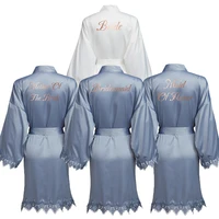 matt satin lace robe women wedding bride robes bridesmaid kimono robe bridal robes dusty blue bathrobe