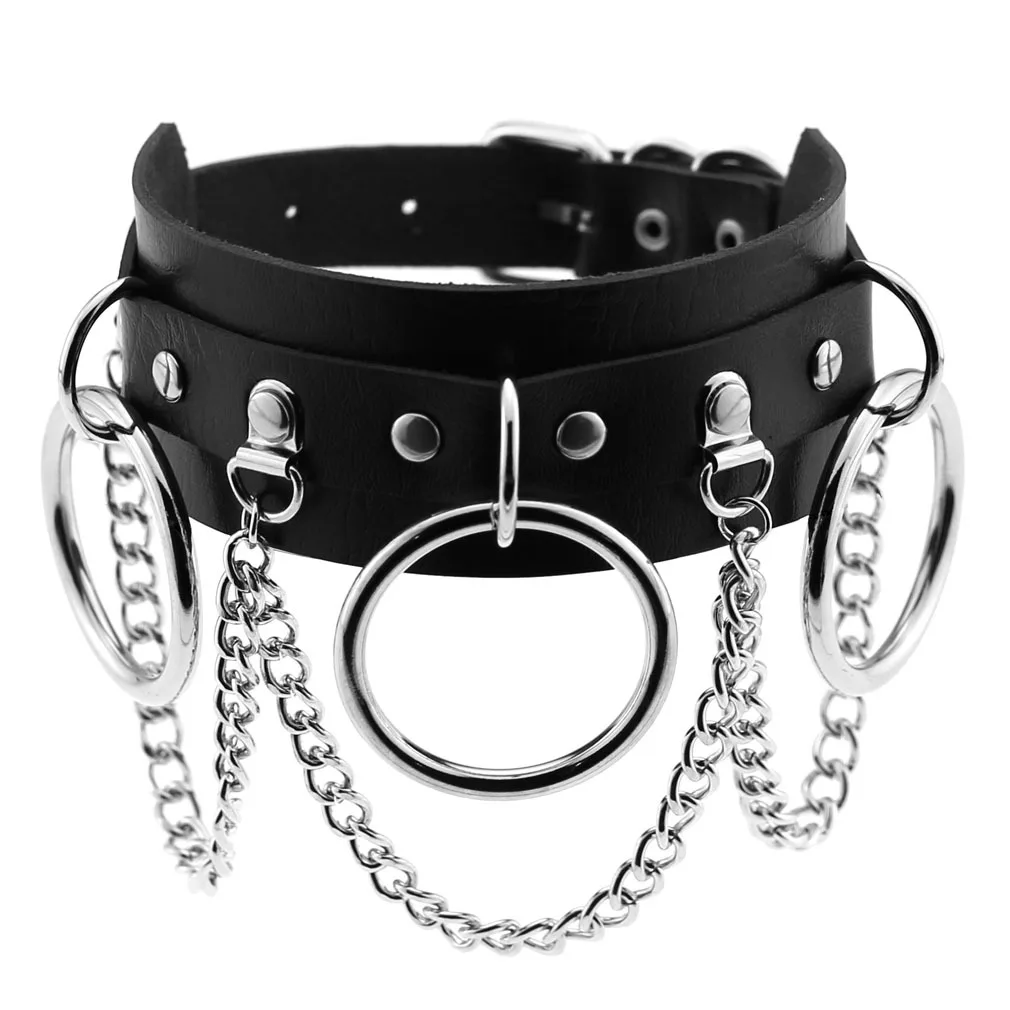 

Personality Exaggerated Sexy PU Leather Necklace Punk Street Shooting Nightclub Party O-ring Chain Clavicle Chain Neck Collar