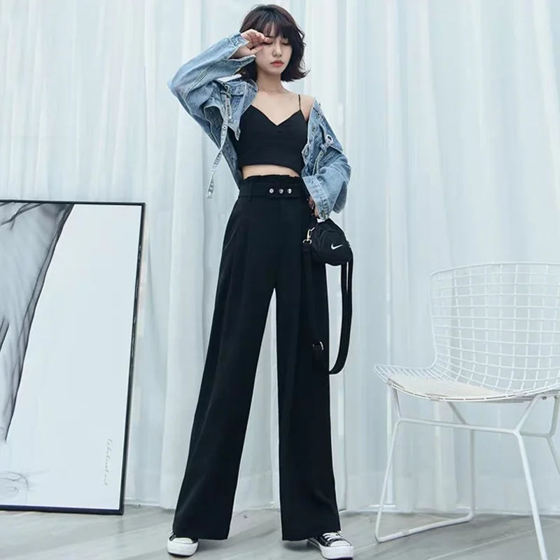 

High Waist Elegant Wide Leg Suit Pants Women's 2020 Summer New Korean Version Slim Ladies Pants Solid Black Loose Pants Trousers