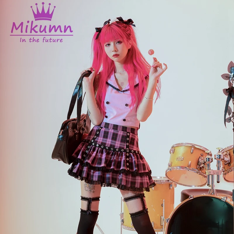 Japanese Harajuku Girls Purple Pink Plaid Pleated Skirt Y2k Punk Sweet Lace Kawaii Lolita Cake Mini Skirts