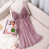 satin women nightgown lace perspective summer dressing gown sleepdress sexy appliques nightdress hollow out chemise sleepwear