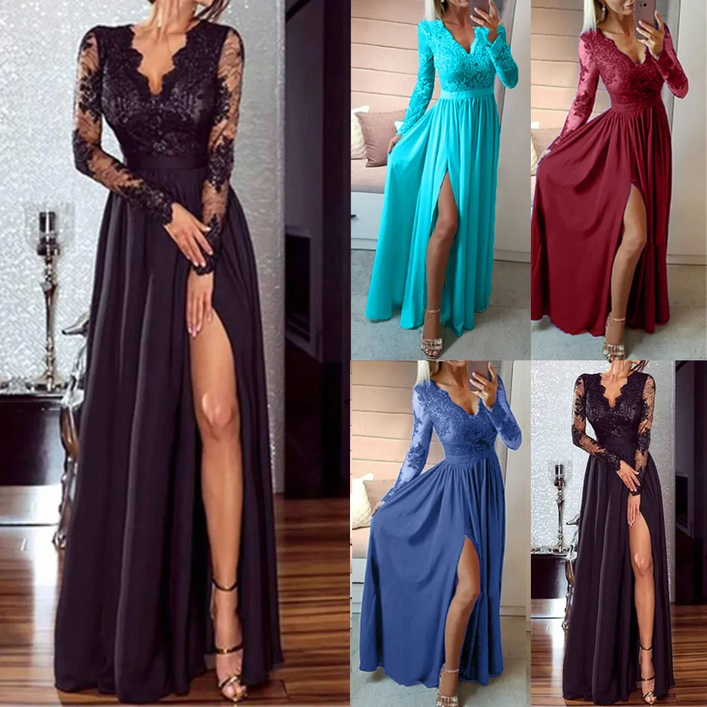 Женское кружевное вечернее платье черное элегантное с v образным вырезом длинным