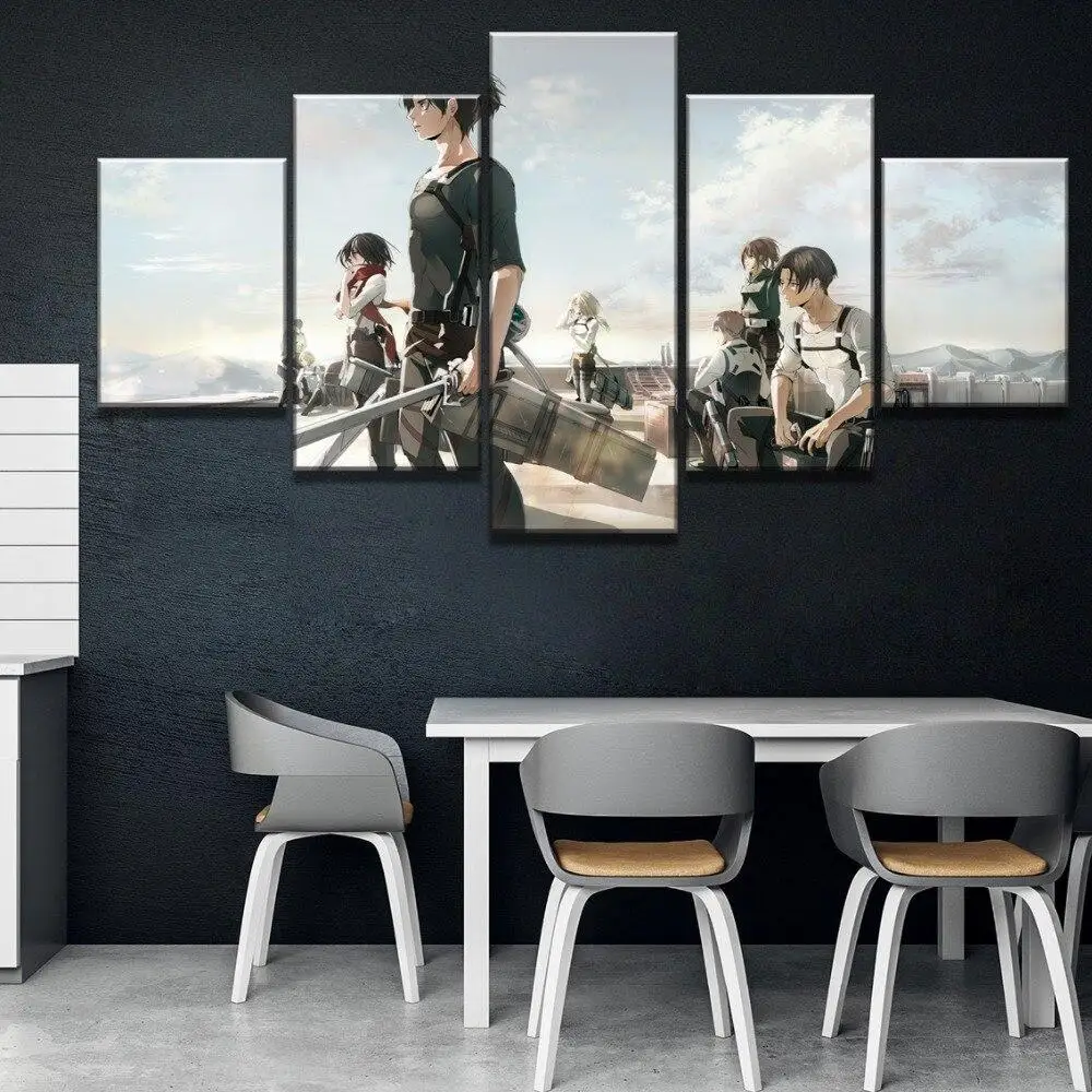 

5 Pieces Wall Art Canvas Painting Shingeki No Kyojin Anime Poster Modern Living Room Nordic Decoration Home Modular Picture