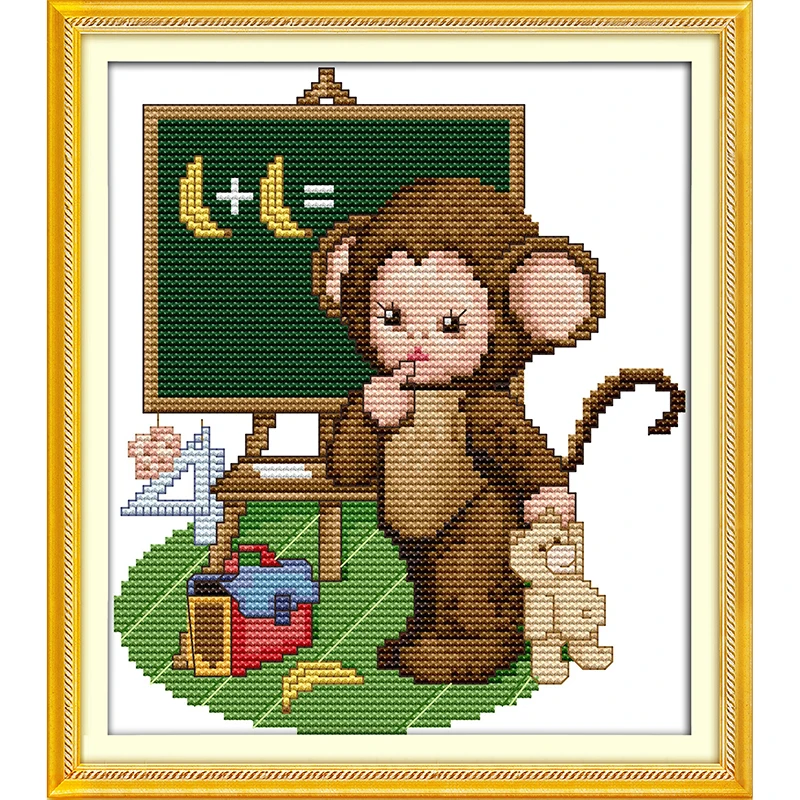 

Everlasting Love The Little Monkey Learning Maths Chinese Cross Stitch Kits Ecological Cotton 11 14CT DIY Christmas Decorations