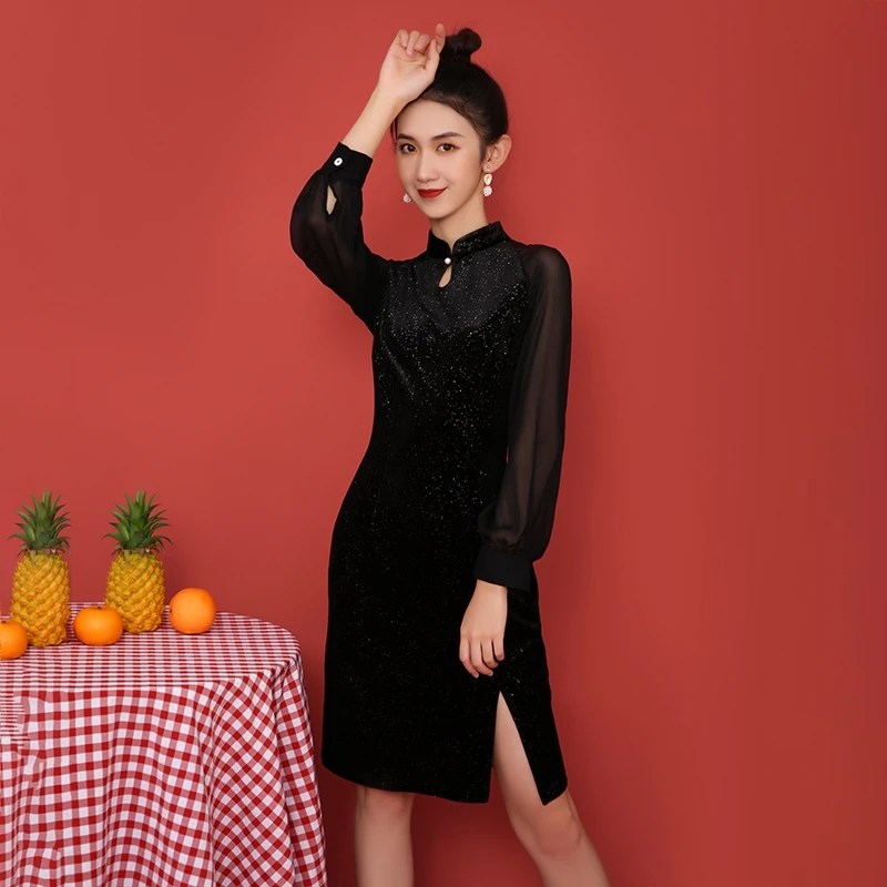 Весна-лето 2020 новое черное бархатное платье Ципао средней длины с длинными
