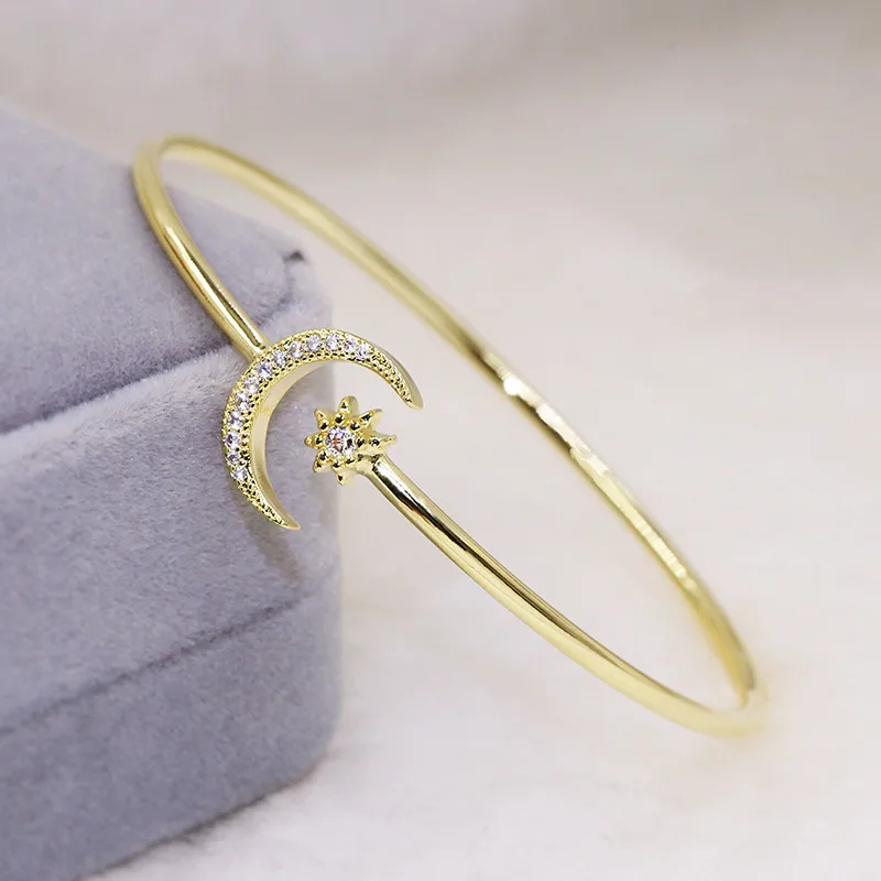

2020 New Cute Boho Bohemian Star Moon Gold Rose Gold Silver Color Bangle Bracelet for Women with Bling Zircon Stone