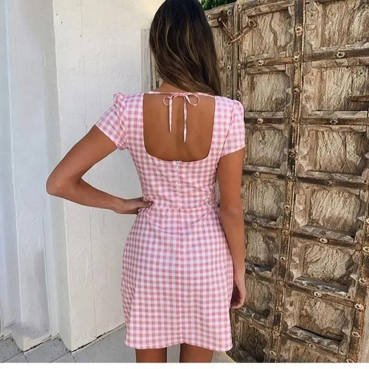 French court Retro Square Collar Plaid short-sleeved dress chic sexy halter waist slim a-line tide | Женская одежда