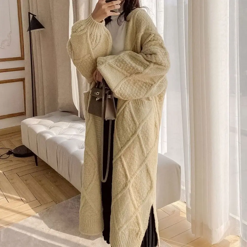 

2020 New Autumn Winter Women Knit Long Coat Female Pockets Fashion Warm Causal Solid Elegant Office Korean Thick Sweater Q335