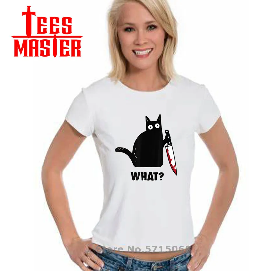 Черная кошка с нож женская футболка новинка моды убийственная и изображением
