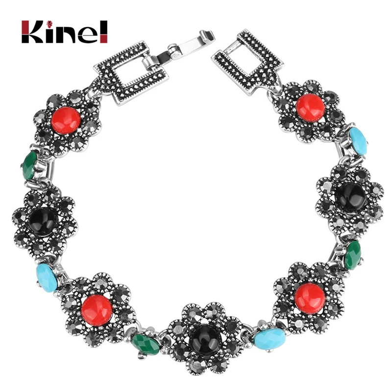 Kinel браслет с шармами для женщин серебристые черные кристаллы цветок Ретро