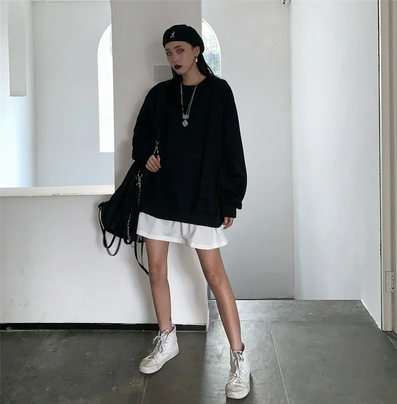 

streetwear BF casual loose tops spring autumn thin Korean harajuku Fake two pieces Hole pullovers Hoodies Sweatshirts Women ins