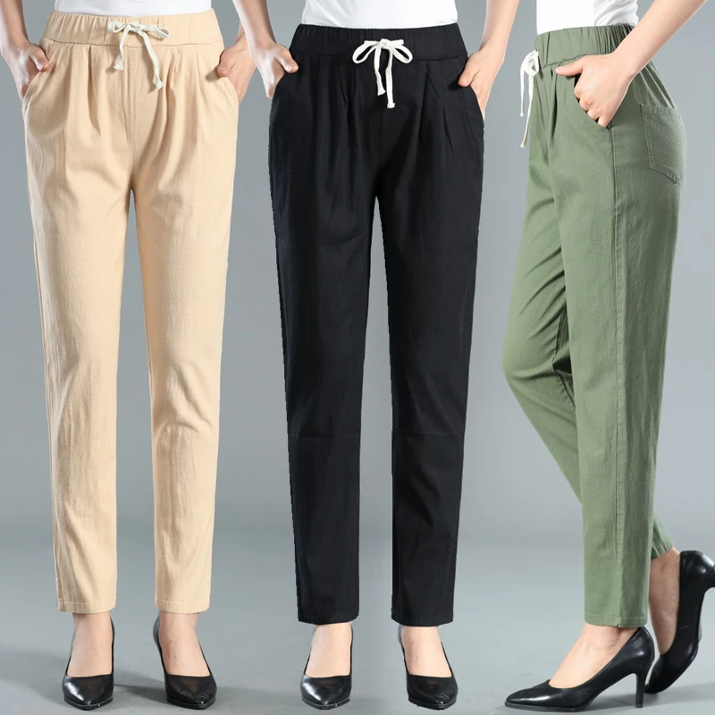 

2021 Middle Aged Women Pants Casual Summer Autumn High Waist Pants Plus Size Full Length Straight Solid Trousers Pantalon Femme